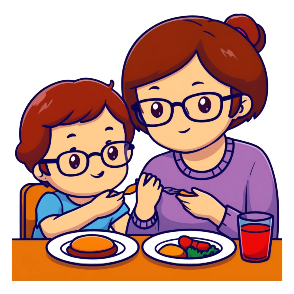 Braunhaariges Mädchen hellhäutig braune Augen, sitzend am Tisch mit Mama Rote kurze Haare und Brille und braune Augen am Essen  sticker