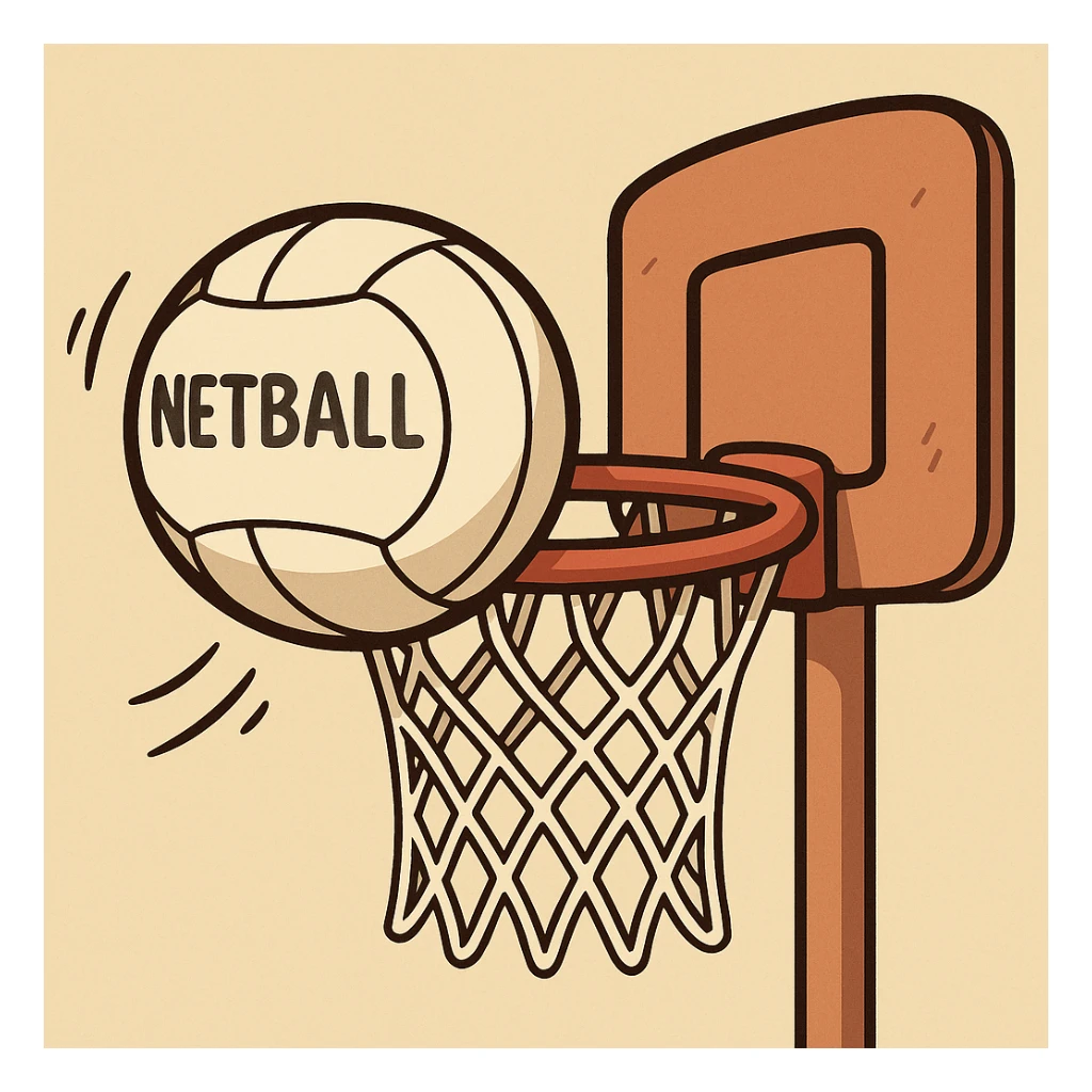 a netball going through a hoop, playful cartoon style sticker