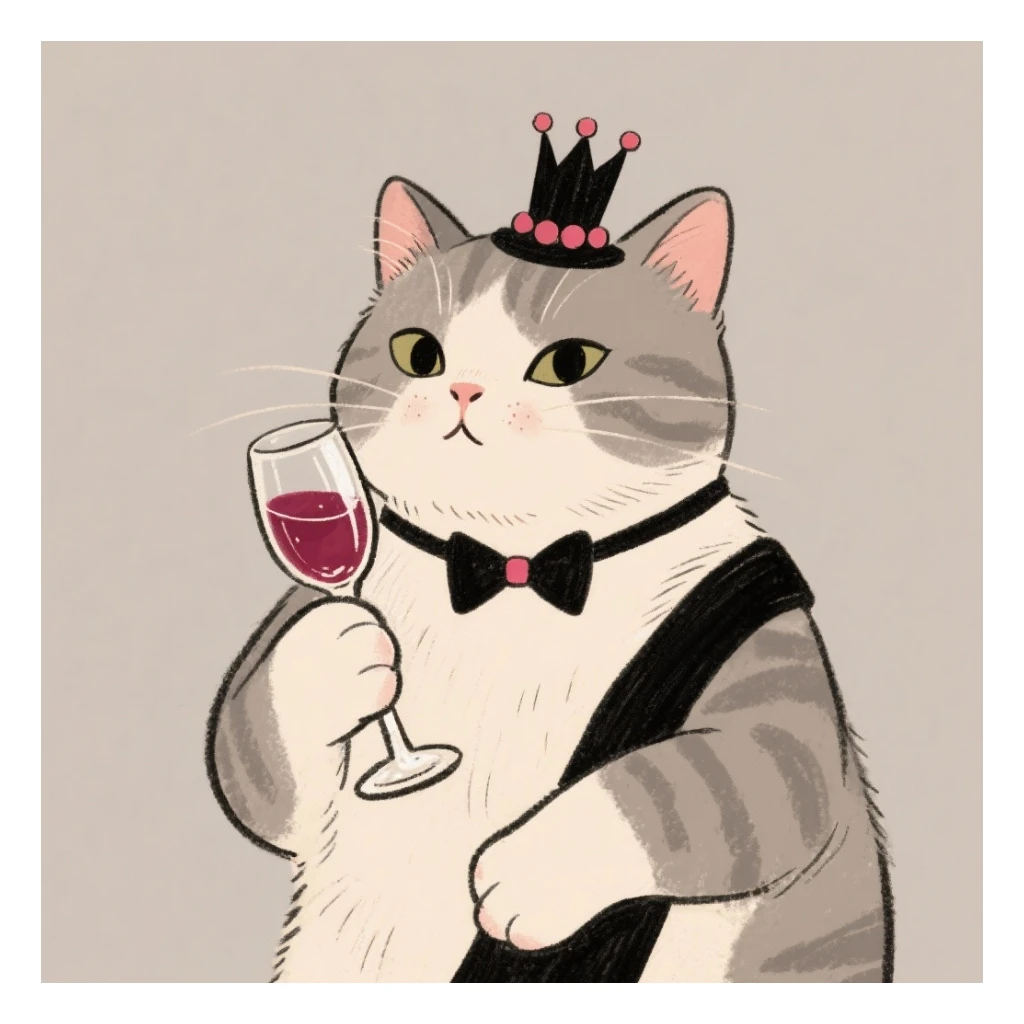 кот с бокалом вина в лапе в нарисованном стиле с нейтральным фоном sticker