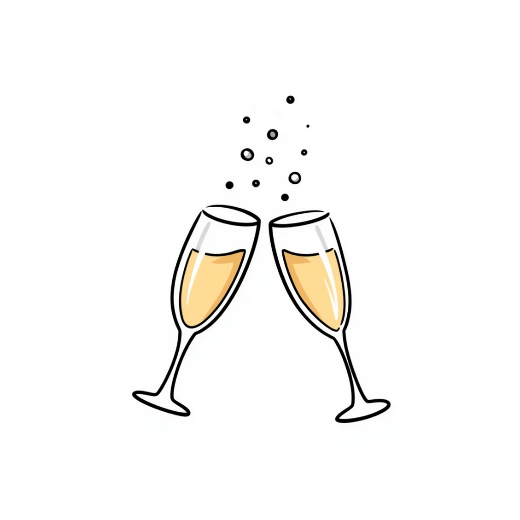 a pair of elegant goblets or wine glasses clinking together with champagne bubbles rising, in pastel colors dd9fb0, ffc6d3, a3bfc9, c4bee2, f1b091, detailed hand-drawn doodle style sticker