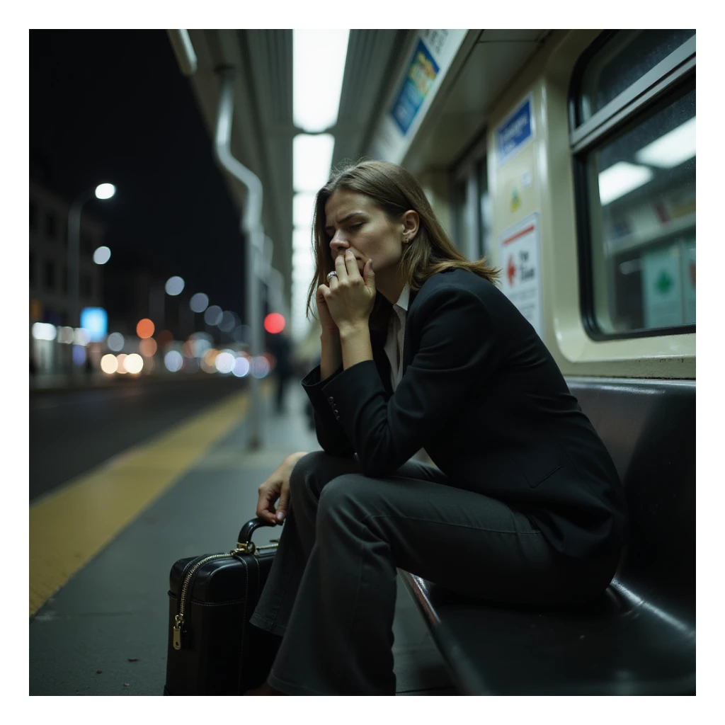 woman in work clothes sitting exhausted on a subway bench, briefcase on her knees, eyes closed and deep breath, urban night environment, hyperrealistic 4K details sticker