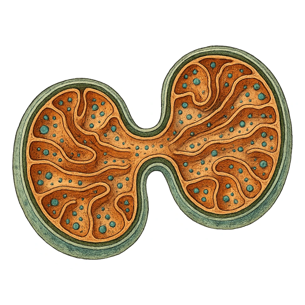 biogenesi mitocondriale, step 4: divisione finale e maturazione di due mitocondri completi, hyperrealistic detailed colored drawing on white textured paper, isolated on white background, visible molecular details sticker