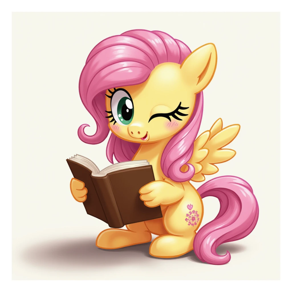 Fluttershy reading a book, realistic style, no background, transparent sticker