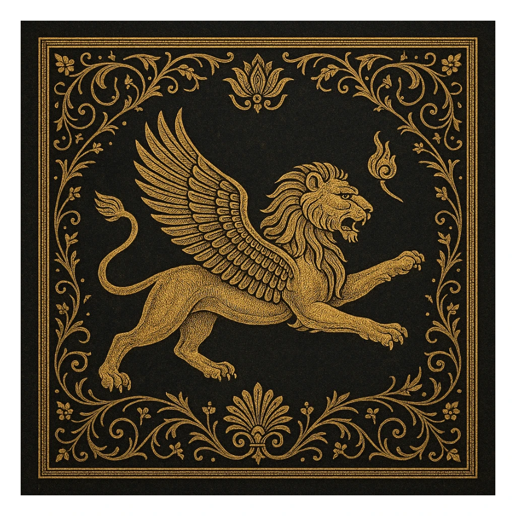 Persian emblem featuring a flying lion, intricate and regal, inspired by ancient Persia sticker