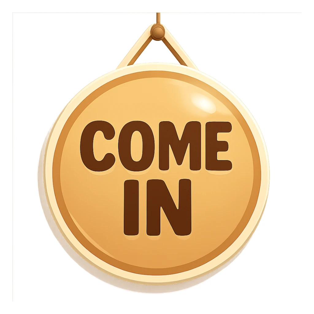 door sign, round shape, beige color, with shadows and highlights, retro sticker style, hanging on a string, transparent background sticker