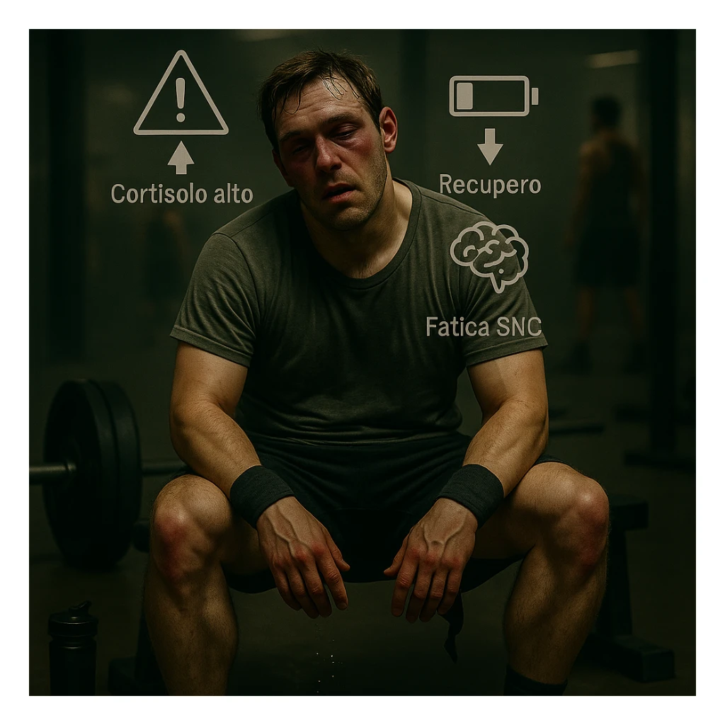Add floating symbols above the head with Italian text: 'Cortisolo alto', 'Recupero basso', 'Fatica SNC'. The style should be raw cinematic with muted colors and dramatic lighting. The symbols must be clear and legible. sticker