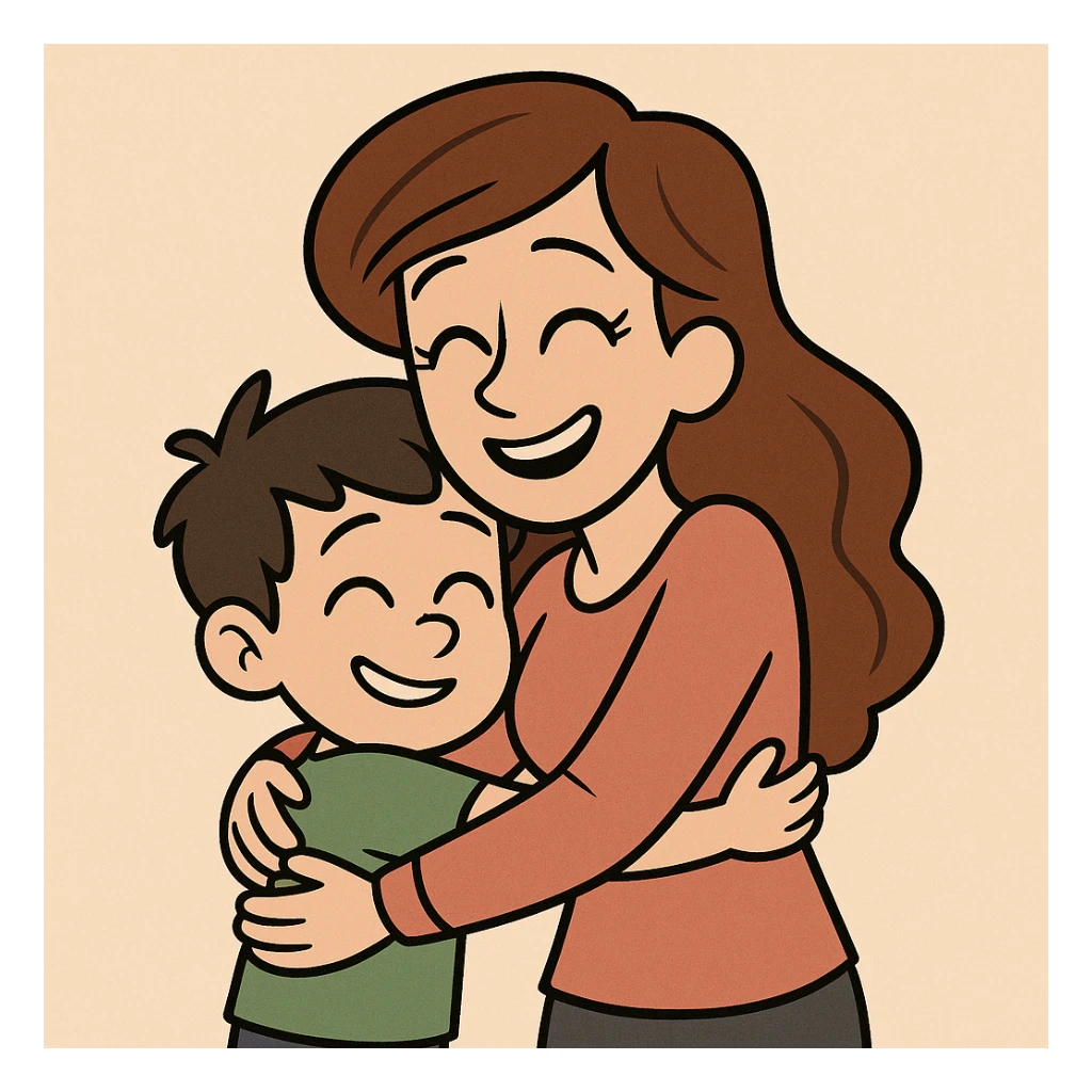 mother and son hugging, cartoon style sticker