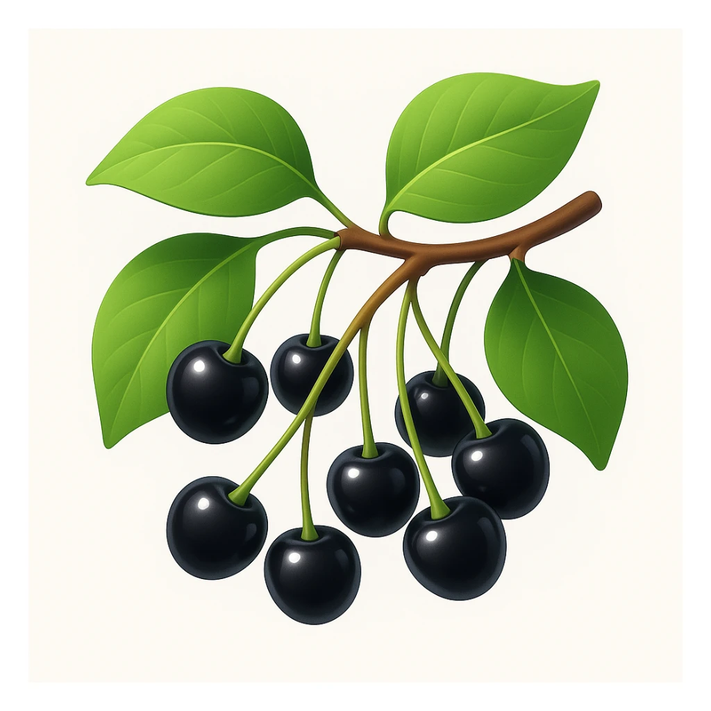 Redraw a branch of antipy cherry with black berries and green leaves in a modern 3D iOS style, adding volume and expressive light and shadow. The composition should be square with a clean background. Focus on a contemporary, polished 3D look typical of iOS design. sticker