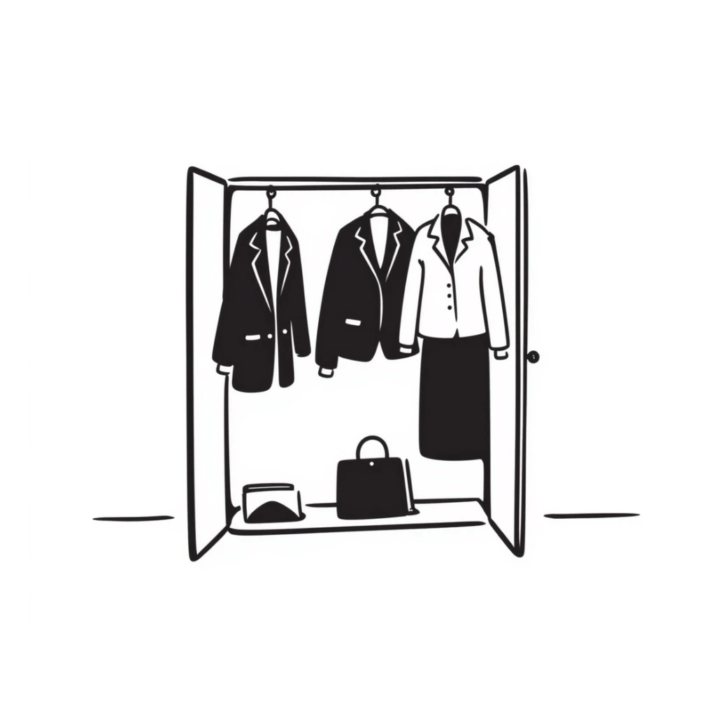 Hand-drawn minimalist wardrobe, slightly open revealing neatly arranged business attire sticker
