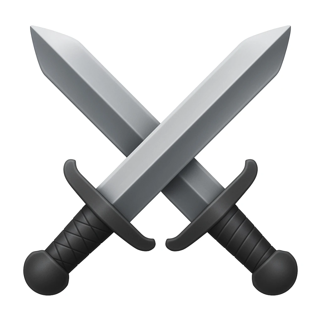 Create dual swords similar to the reference image but with black and grayish colors. The swords should be pointing upward and be wider. Add a slight metallic shine to the swords. The style should emulate emoji style with concise details. sticker