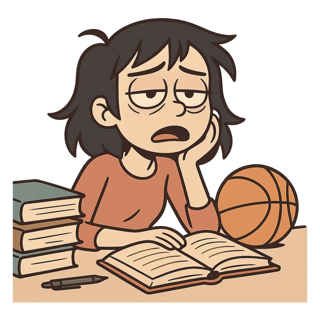 female character with black hair, tired from studying and doing activities, exhausted expression, flat toon style sticker