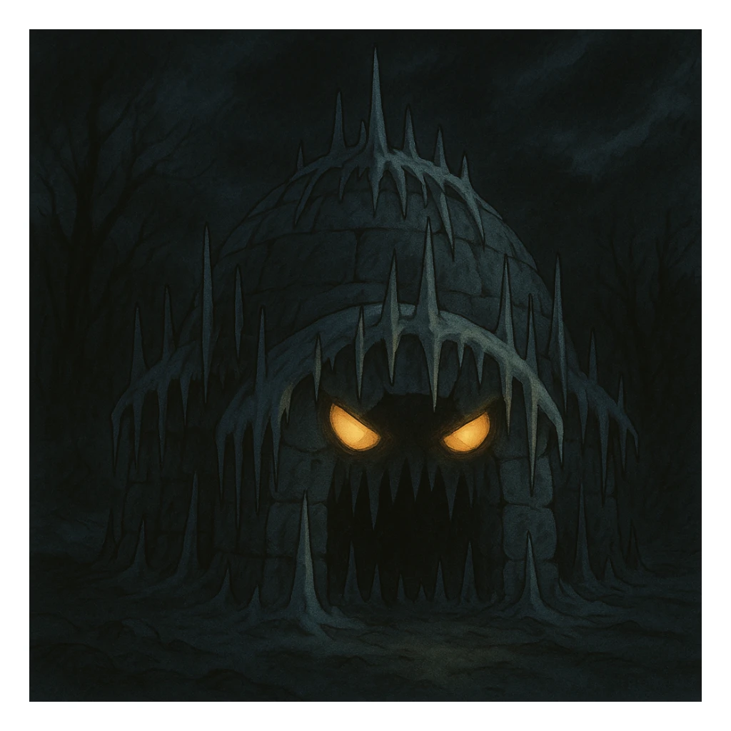 a scary igloo with sharp icicles and glowing eyes, spooky style, eerie atmosphere, dark tones sticker