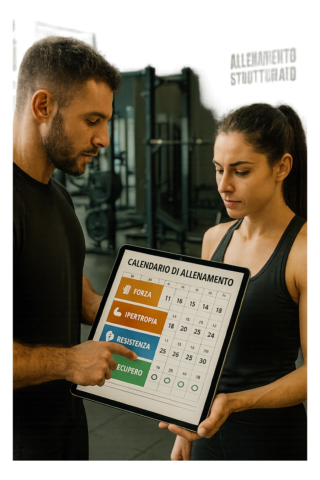 realistic cinematic photo a personal trainer and a client stand in a modern gym, reviewing a large, color-coded training calendar or chart on a tablet. The calendar shows different phases (Forza, Ipertrofia, Resistenza, Recupero) with icons and dates. Around them, gym equipment and motivational posters reinforce the idea of structured, periodized training. in italiano sticker