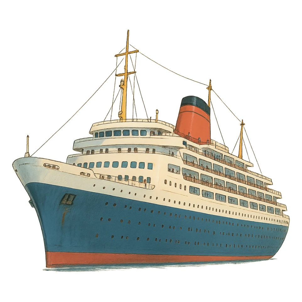 cruise ship, ghibli style sticker