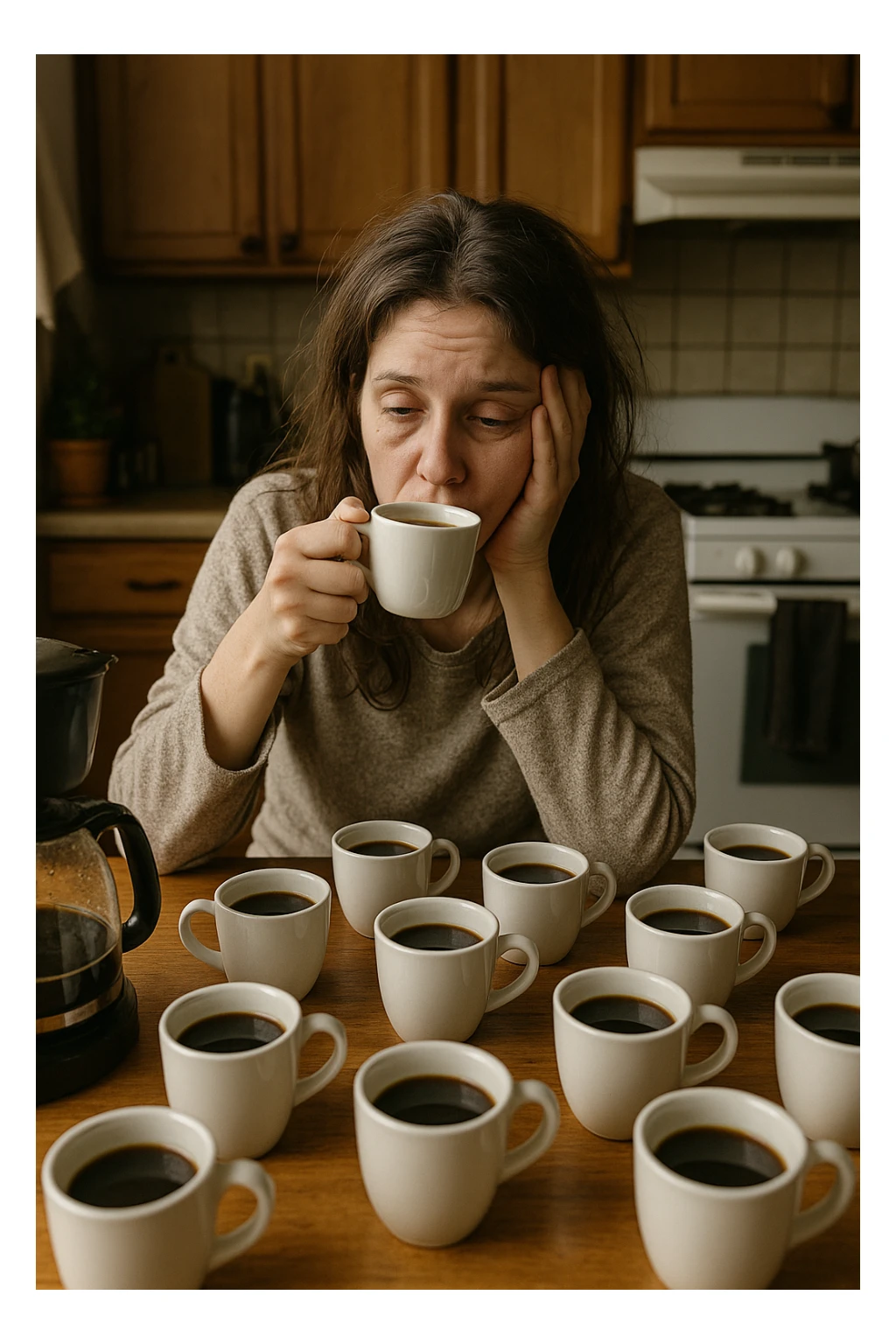 donna con stanchezza cronica distrutta e stanca che si fa tanti caffè sticker