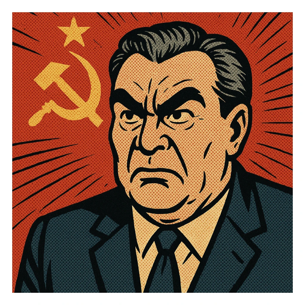 Soviet leader brezhnev looking angered with the communist flag in the background sticker