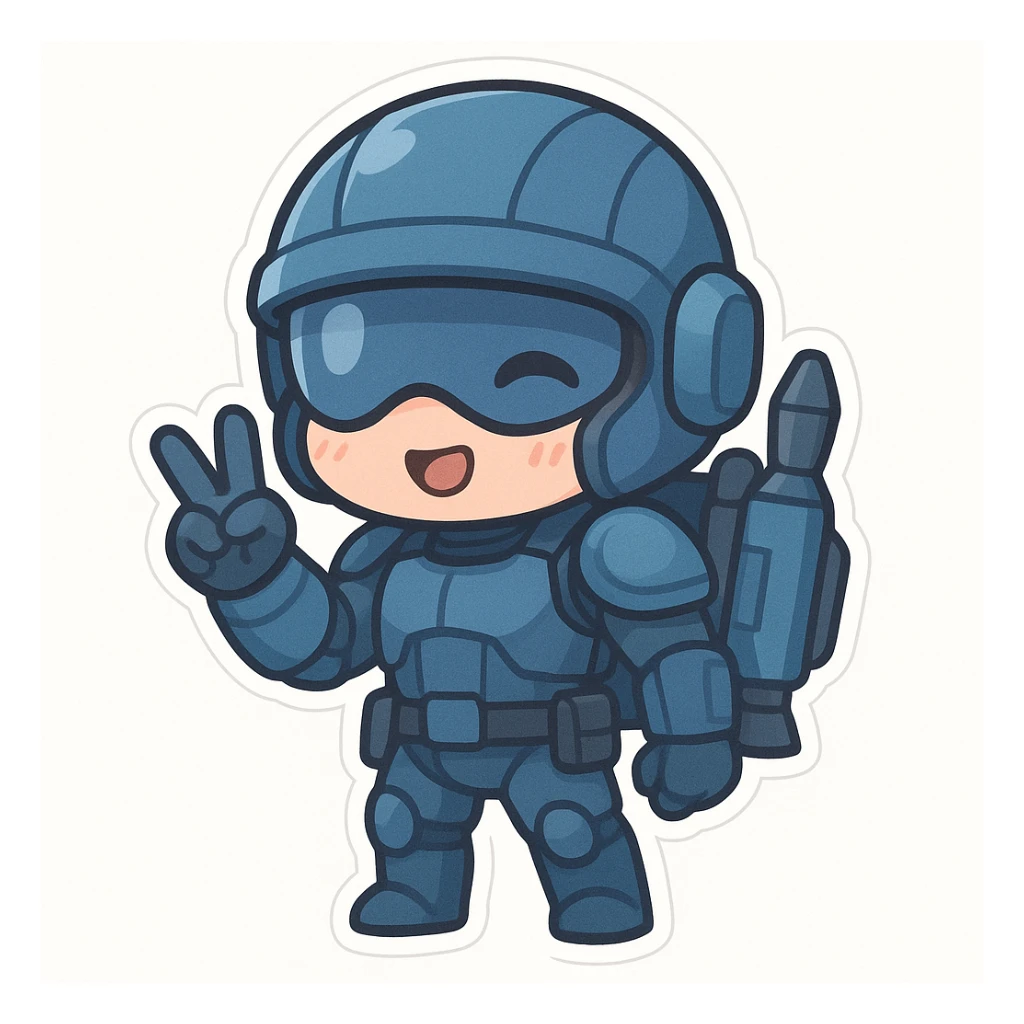 chibi sticker of a sci-fi soldier in a mostly blue uniform, jetpack on back, making a peace sign, adorable expression, white background sticker