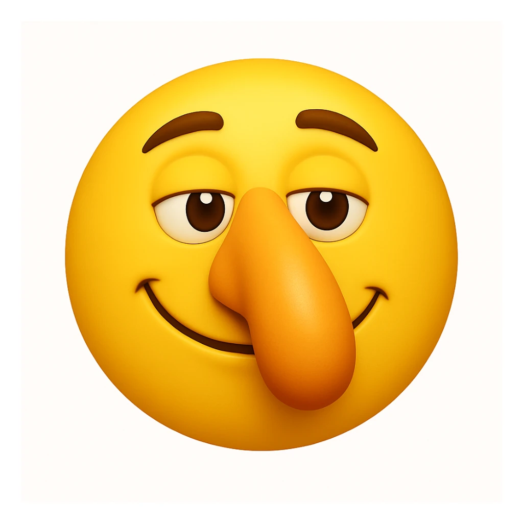 Create a yellow smiley face emoji with a large nose and the same facial expression as the reference image. The style should be 3D iOS emoji style, capturing the exact look and feel of the original emoji. Add a subtle highlight to the nose. sticker
