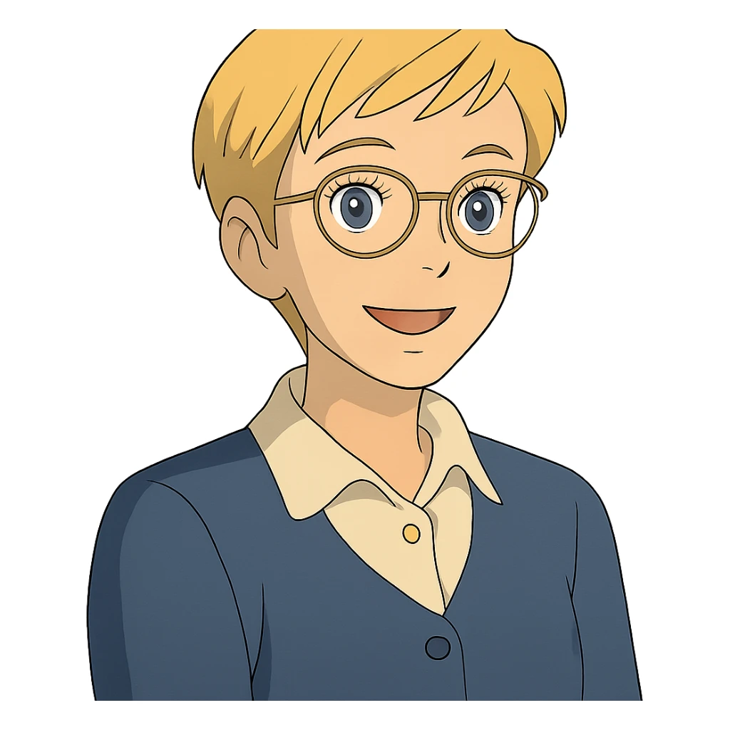 ghibli style blonde teacher with pixie haircut, gold glasses, blue eyes, big eyelashes, nice smile sticker