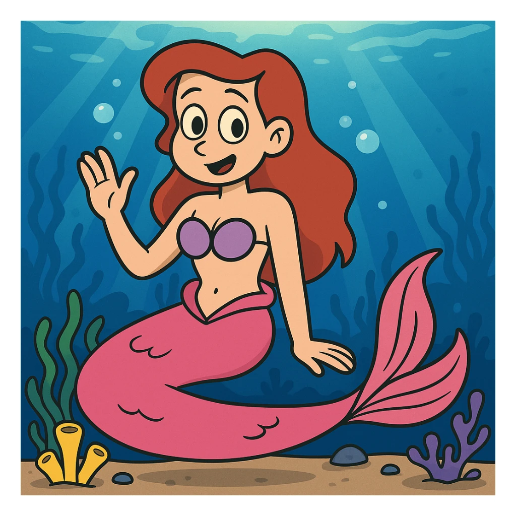 Add an underwater themed background to the pink-tailed mermaid while preserving the cartoon style. sticker