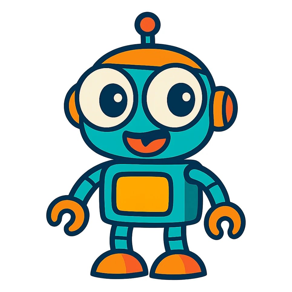 vibrant toon style AI bot with big eyes and silly expression sticker