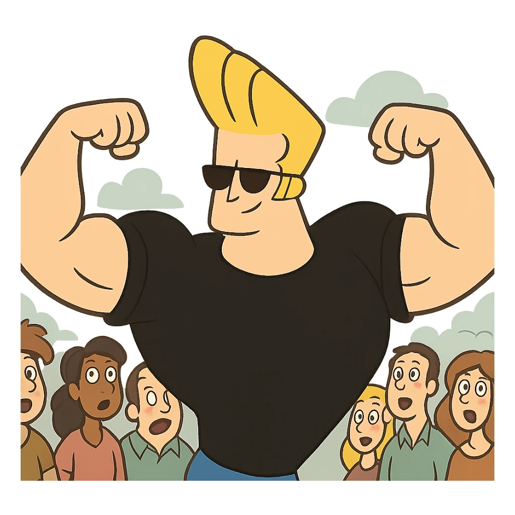 johnny bravo cartoon character, flexing in front of a crowd, cartoon style sticker