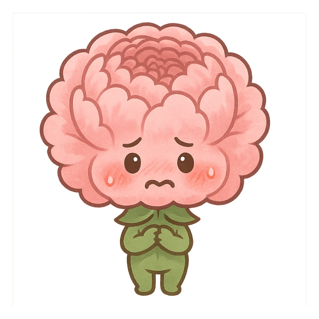 chibi fluffy pink peony flower, round and plump, blushing, nervous face, full-body sticker
