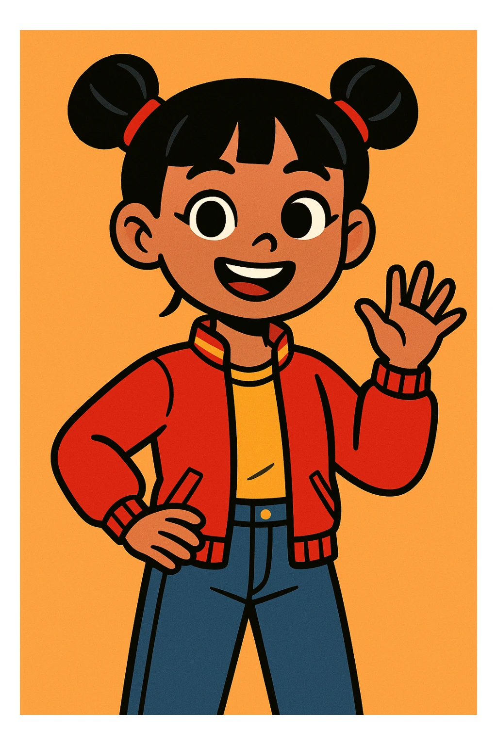 Chinese girl, vibrant cartoon style, cheerful expression, modern outfit, simple background sticker