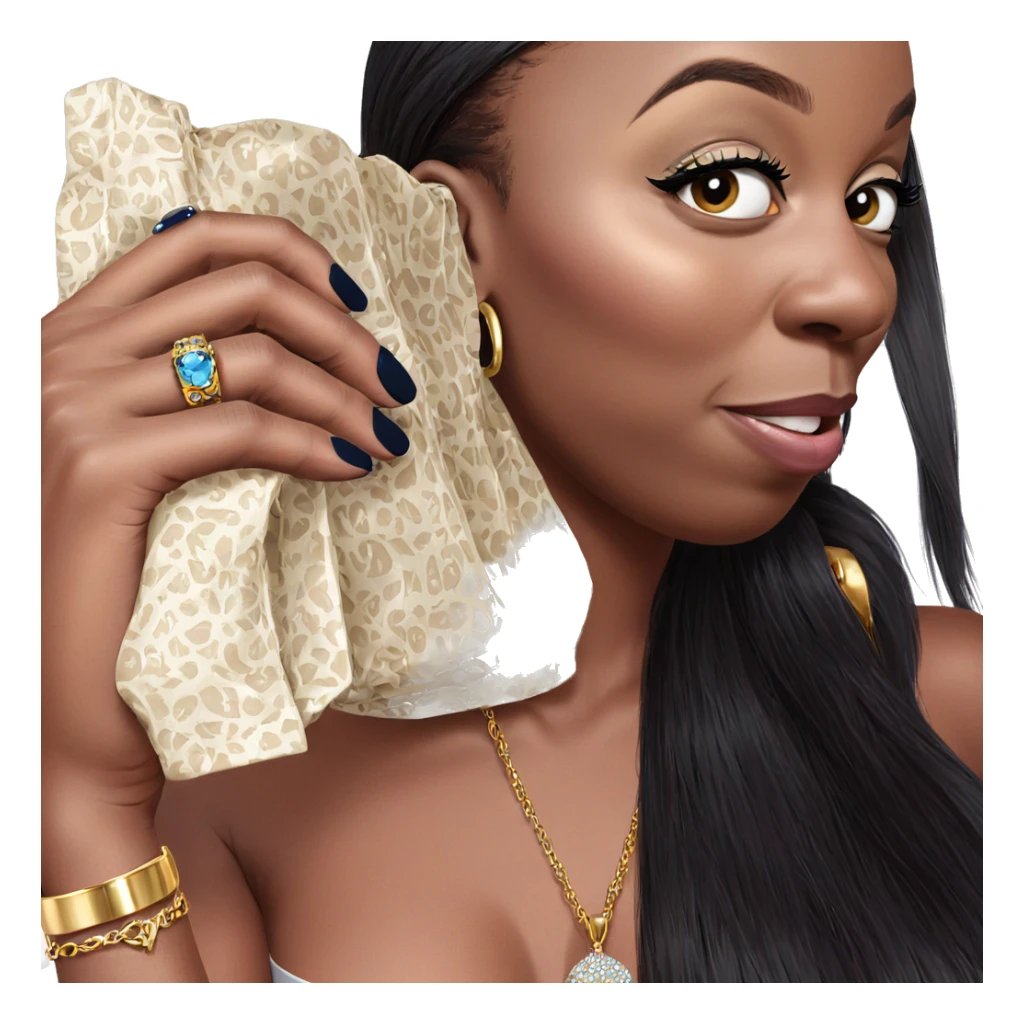 girl with dark skin holding jewelry sticker