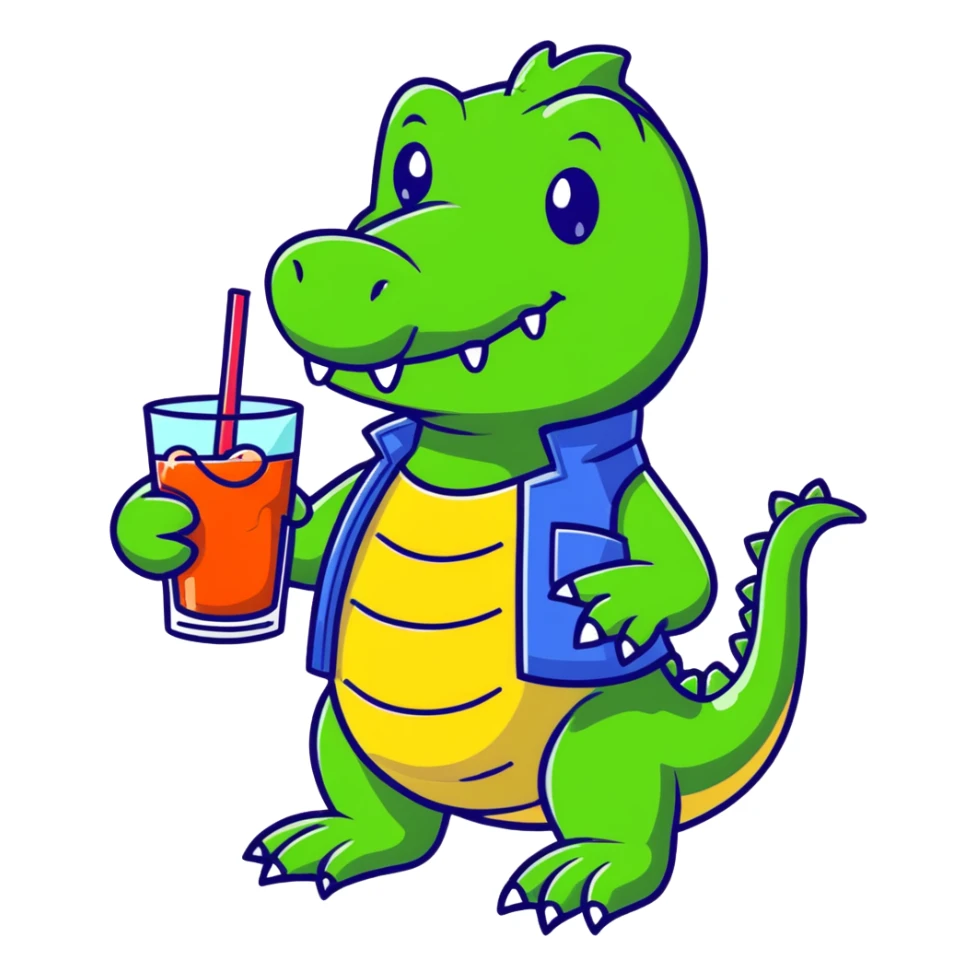 Friendly cartoon crocodile bartender making a Bombardino drink, cute character sticker