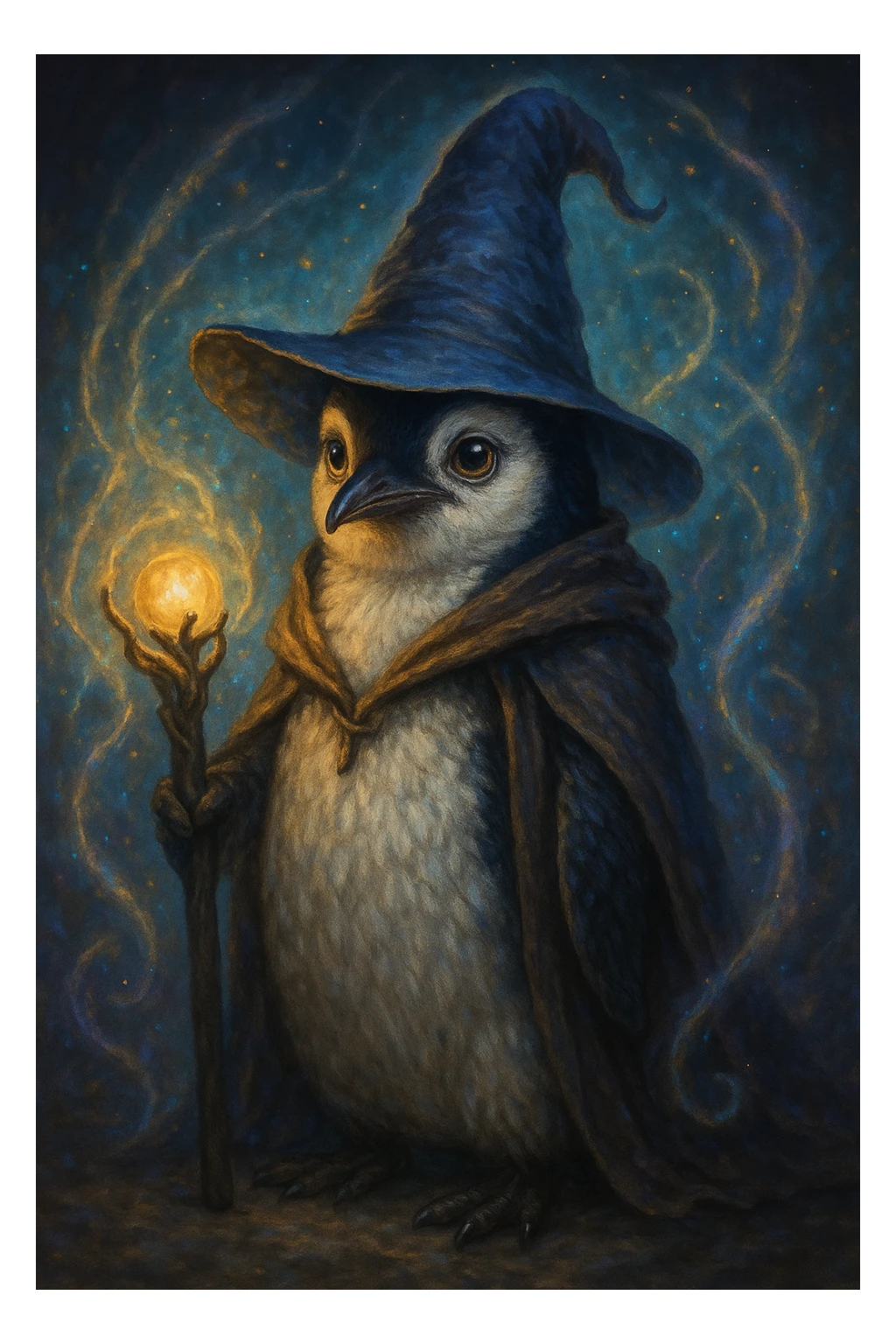 a penguin wizard with a pointy hat and a magic staff, magical aura, fantasy style sticker