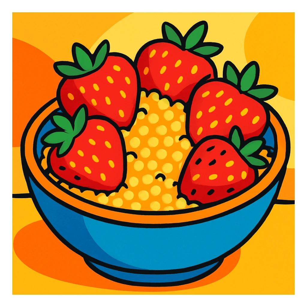 couscous and strawberries arranged in a bowl, bright, cheerful, food art sticker