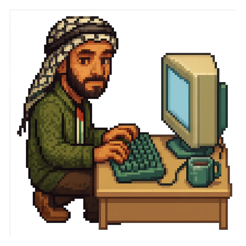 Create a pixel art style image of a man who is a Palestinian coder at a computer. Include subtle Palestinian cultural elements in the design. The background should be removed, focusing on the character and the computer setup. sticker
