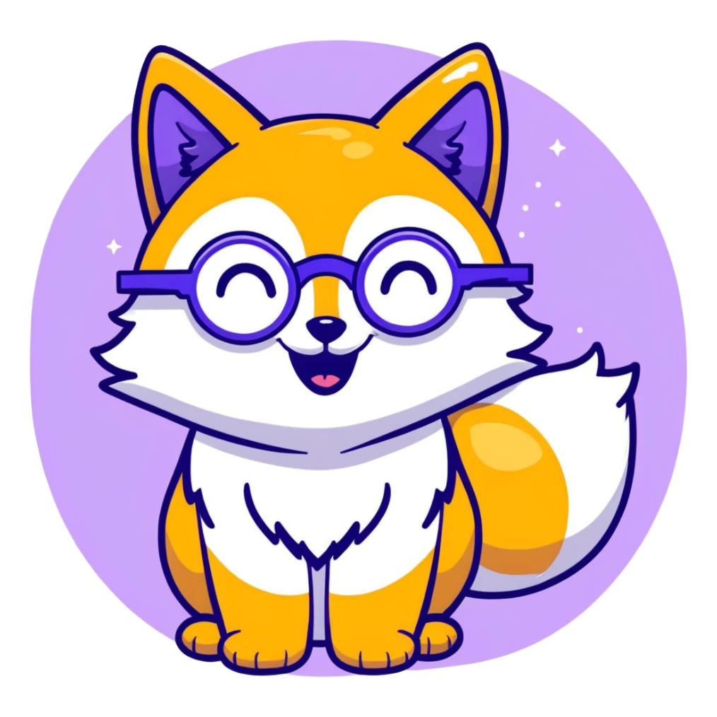 A magical fox with shimmering purple and blue fur, a glowing tail, a silver star on its forehead, and round glasses, laughing so hard that tears are streaming from its eyes sticker