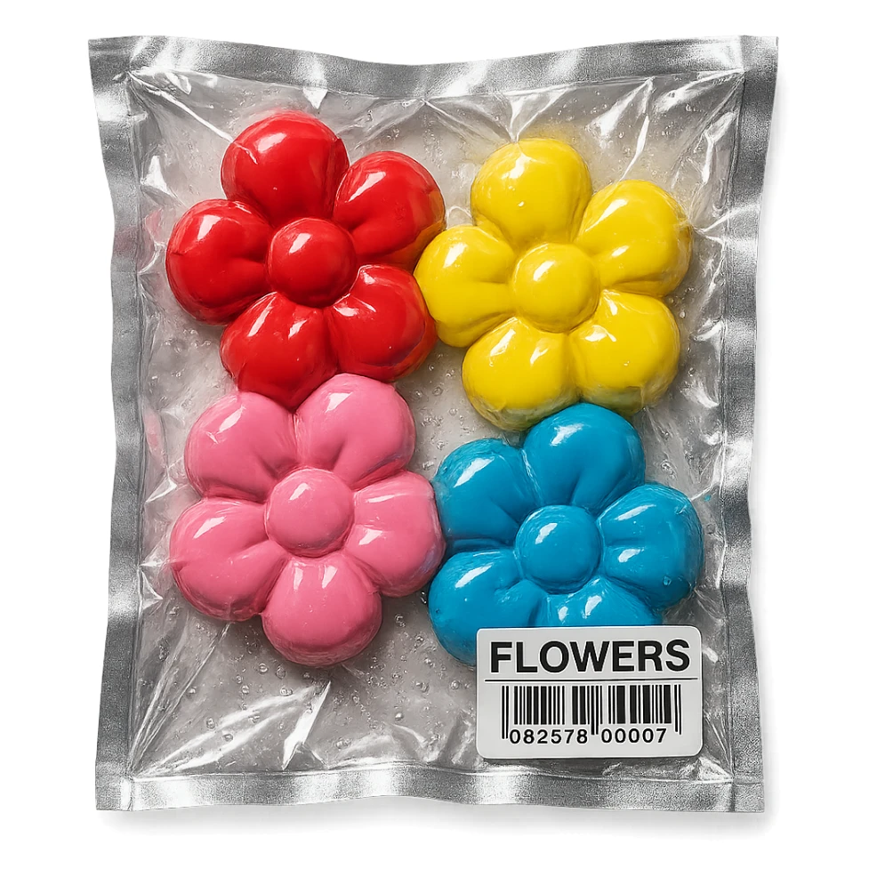 small colorful flowers, glossy and puffy, vacuum-sealed style sticker
