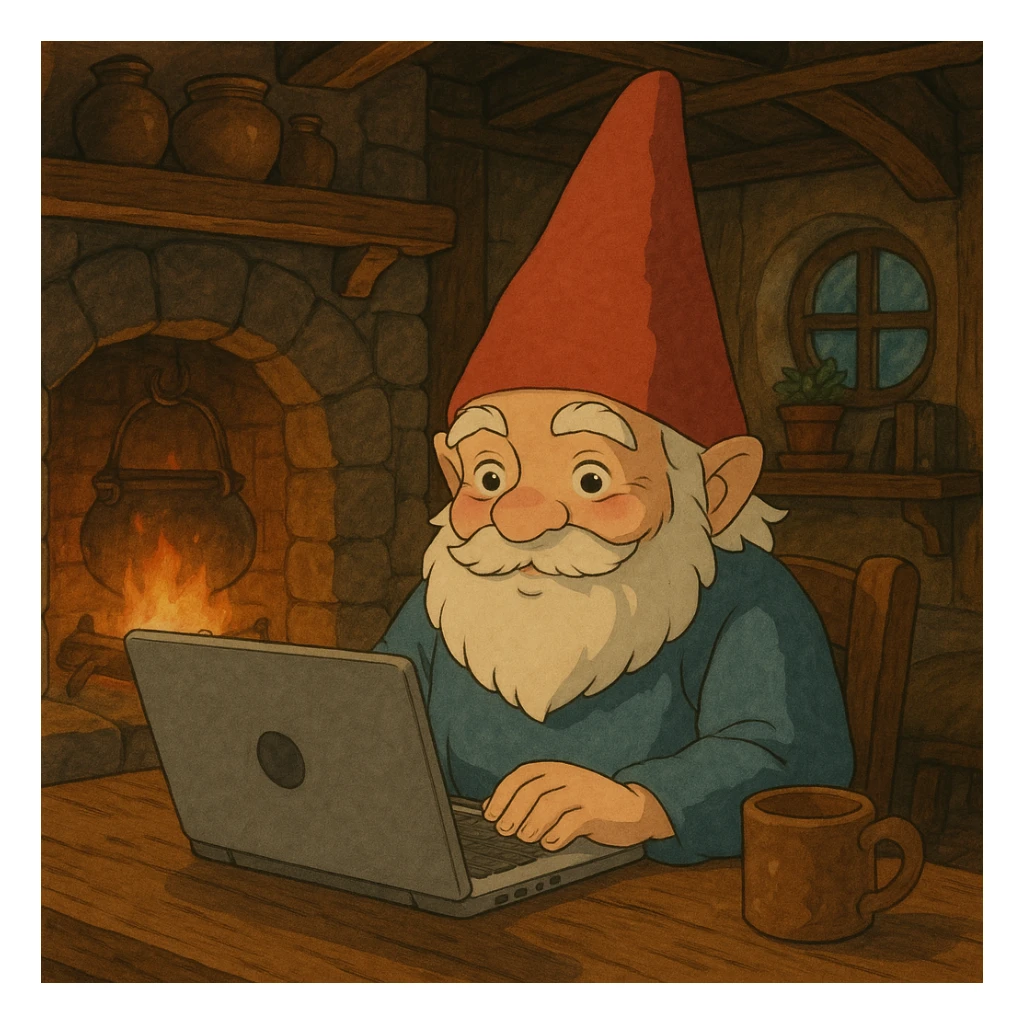 a gnome at a laptop, with a cozy, fantasy-inspired setting sticker