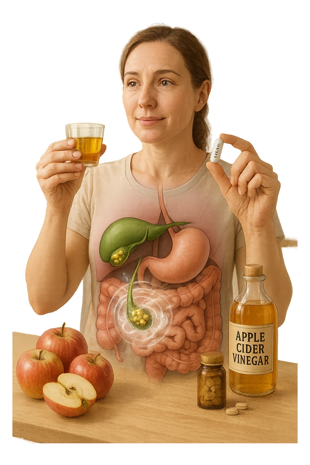 A detailed, realistic illustration or photo-style image showing a person holding a small glass of apple cider vinegar in one hand and a capsule labeled ‘Acido Malico’ in the other. In the foreground or as an overlay, a semi-transparent anatomical view of the abdomen highlights the gallbladder with visible small gallstones inside. Around the gallstones, gentle glowing waves or soft dissolving effects symbolize the softening or breakdown of the stones due to the natural acids. The person looks hopeful and calm, in a bright kitchen setting with fresh apples and natural health products on the counter. The overall mood is informative, natural, and hopeful about non-invasive, natural support for gallstone health sticker