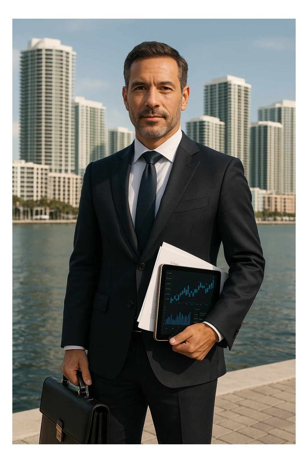 Foto hiper realista que refleje a nuestro cliente ideal de real estate: Empresarios y propietarios internacionales que necesitan vender, reinvertir o diversificar su portafolio en propiedades residenciales o comerciales en Miami, con absoluta confidencialidad y criterio. sticker