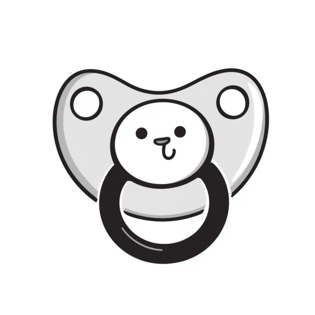 a baby pacifier with a ring and shield, in pastel colors dd9fb0, ffc6d3, a3bfc9, c4bee2, f1b091, detailed hand-drawn doodle style sticker