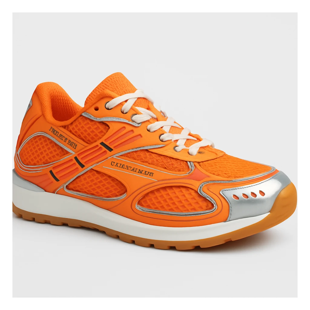 Recreate the Bottega Veneta Orbit sneaker in bright orange, exact design, shown in a 3D turned perspective (not flat 2D), similar to the reference image, realistic, clean background. The style should be realistic and 3D as in the reference images. sticker