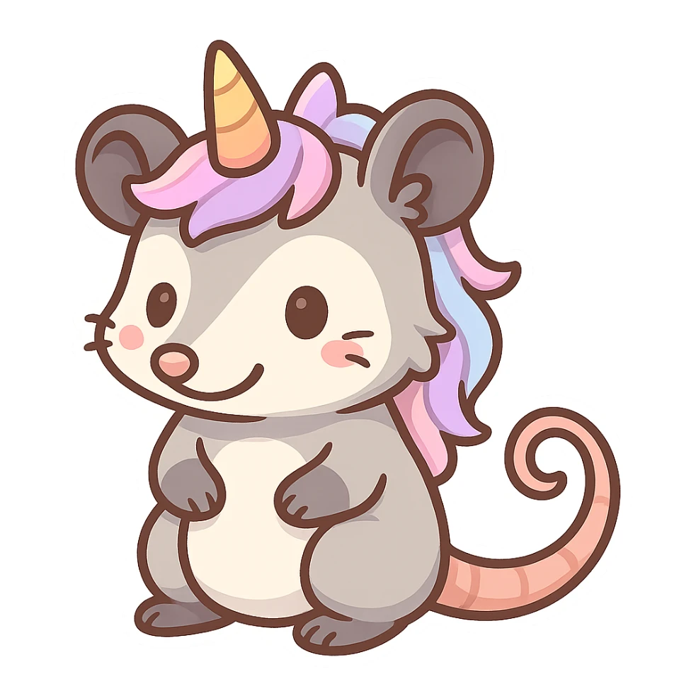 cute cartoon possum dressed up like a unicorn, chibi stickers style sticker