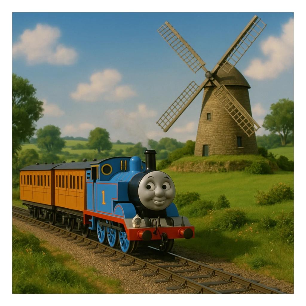 Thomas the Tank Engine pulling Annie and Clarabelle by the windmill on his branchline, in the style of the original TV show, blue engine with friendly face, two orange and cream coaches, classic British countryside, no text sticker