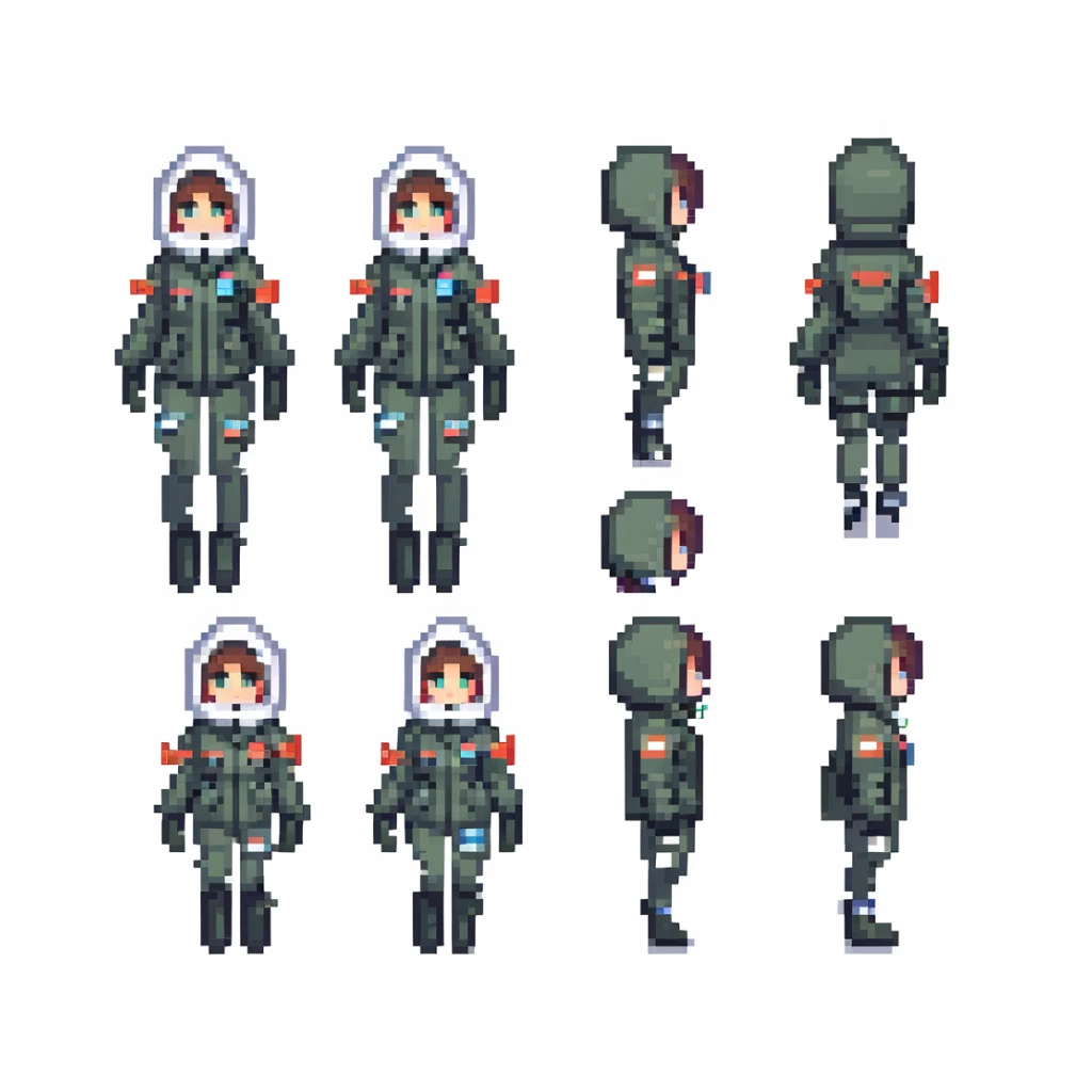 1 female, a vtuber in a cryo suit with a flight jacket, walk run jump anim sprite sheet sticker