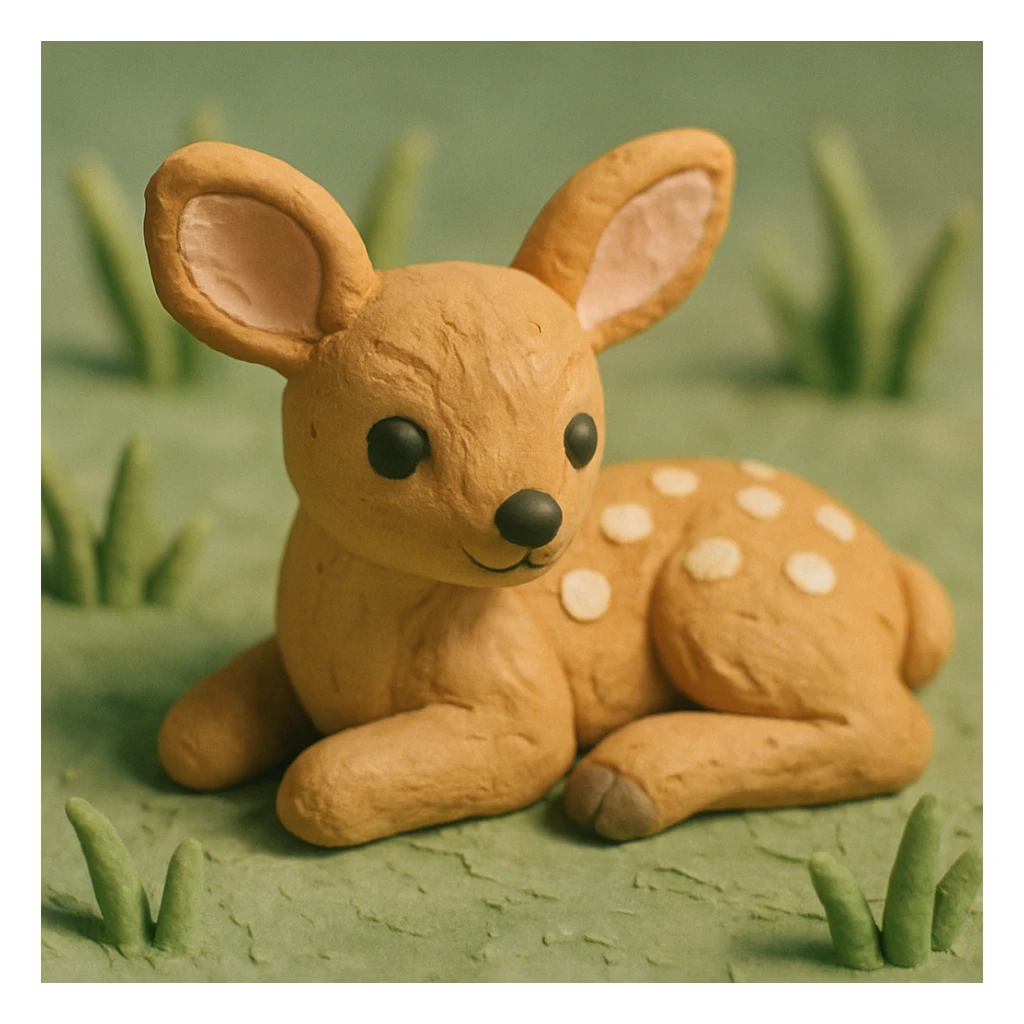 fawn with spots, lying in grass, soft lighting, cute and detailed fur, claymation style sticker