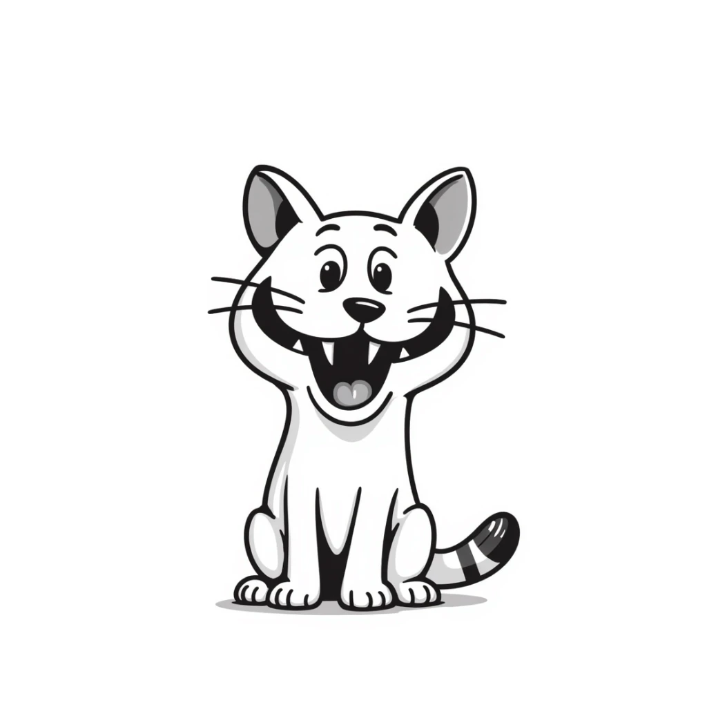 sketch of a miniature saber-toothed cat with a tiny body and absurdly massive canine teeth, minimal body with gigantic fangs sticker