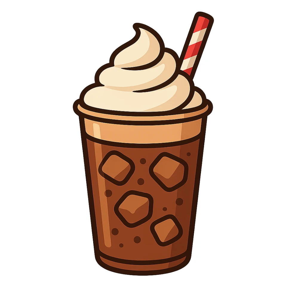 flat toon style iced coffee with whipped cream and straw sticker