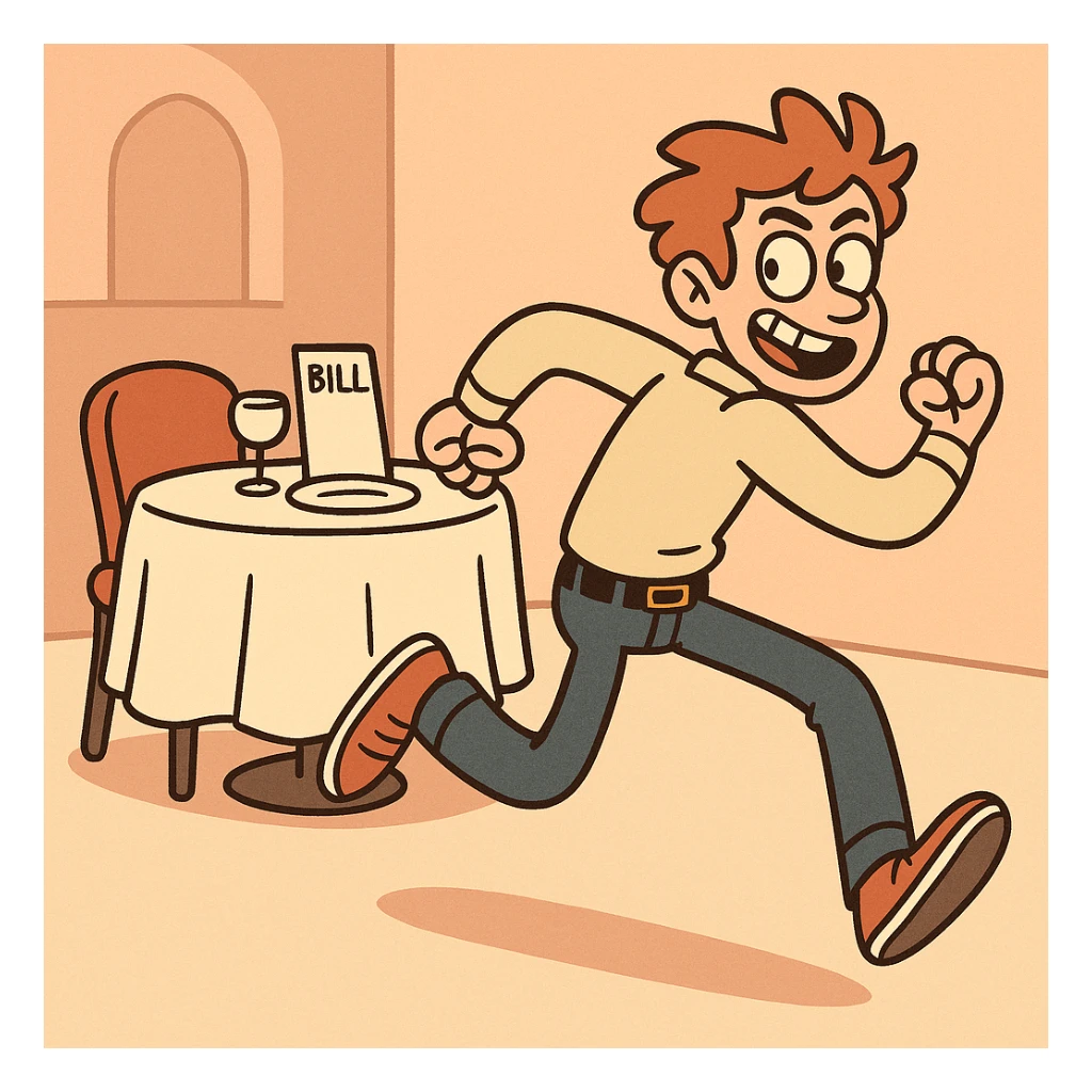 playful scene of a person running away from a restaurant table with a bill left behind, cartoon style, energetic and mischievous mood sticker