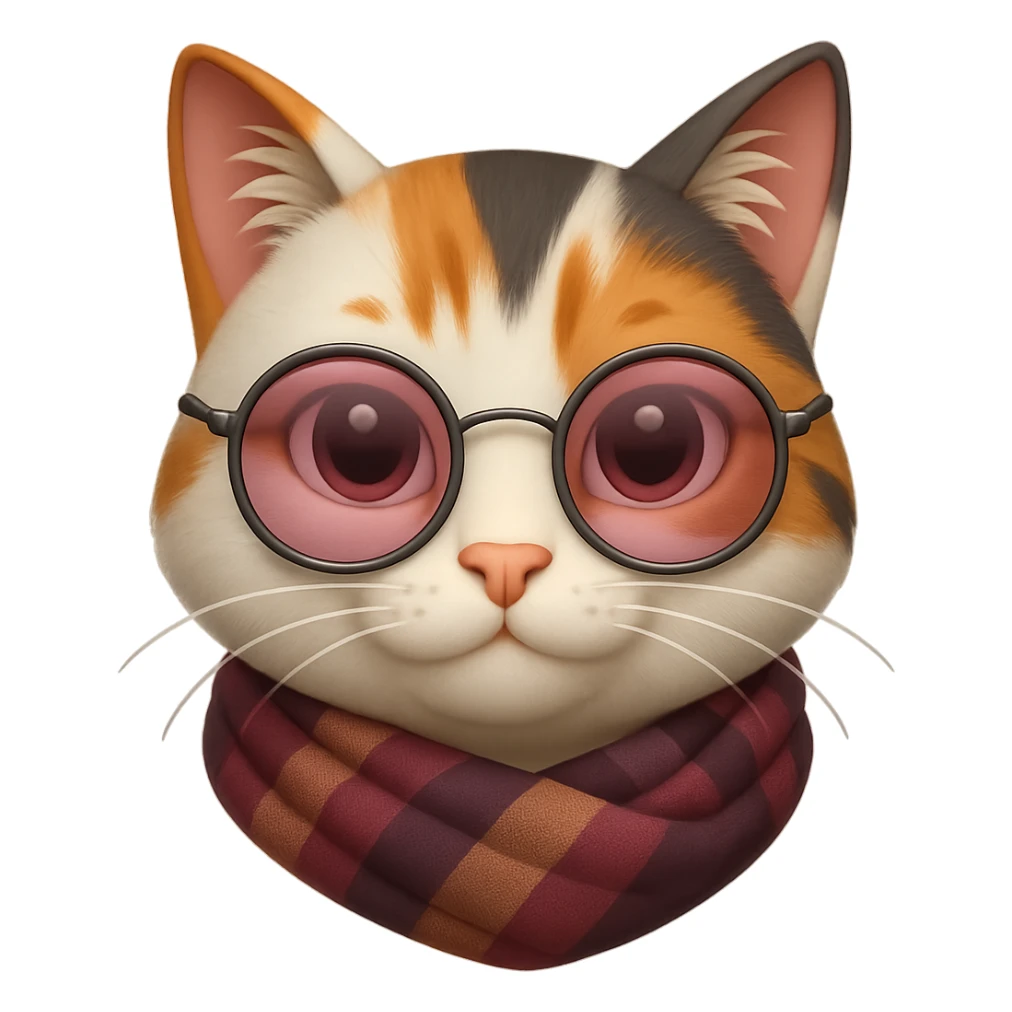 Apple Emoji-style cat head with a fur pattern that can vary in color, optional tinted glasses, a scarf with varying stylistic accessories (color and design can differ), and large eyes that can vary in color. Maintain the same proportions and smooth, rounded style. The emoji should only feature the cat's head with no additional body parts, and focus on cats with any accessories. sticker