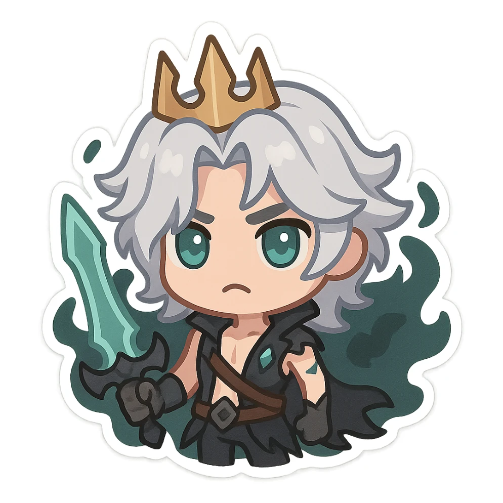 Viego from League of Legends as a chibi emoji, cute and expressive, simplified details, big eyes, small body, silver hair, crown, dark misty aura sticker