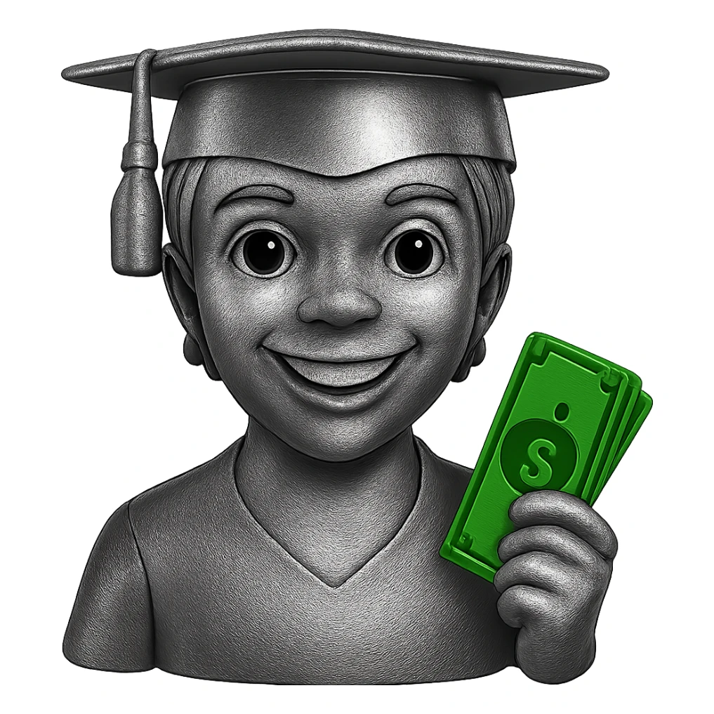 Remove the grills from the kid's mouth, make the kid smile naturally. Keep the money green and shiny. Keep the rest of the figure chrome and metallic. No background. sticker